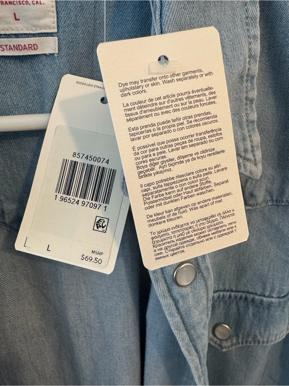 Levis Standard Western Denim Shirt Button Down Size Large Light Wash NWT - Picture 3 of 4